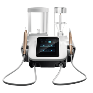 Woodpecker PT-B Air Polisher and ultrasonic scaler combo dental unit with touchscreen display, dual handpieces, powder chamber, and water reservoir for guided biofilm therapy and painless dental cleaning.